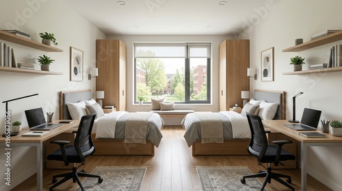 Modern and minimalist shared bedroom with two beds and desks, perfectly designed for student comfort and productive study in a bright, contemporary setting