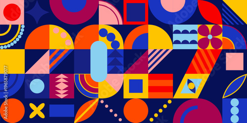 2027 New Year design with abstract geometric pattern. Vintage, retro decorative shapes, bright colors element, tiles on grid. Holiday typography. Vector illustration on blue background, backdrop