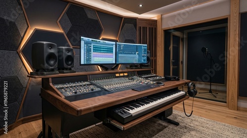 A state-of-the-art recording studio setup featuring advanced audio equipment and a modern aesthetic, perfect for music production and sound engineering