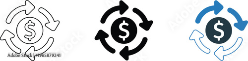 Money circulation icon set with dollar coin and rotation arrows in outline solid and blue versions