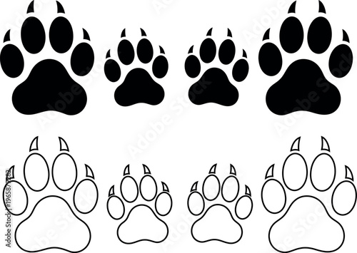 Collection of animal paw prints in silhouette and outline on white background silhouette