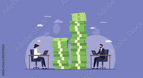 Professional man and woman sit at their respective office desks with laptop computers separated by stacks of money.