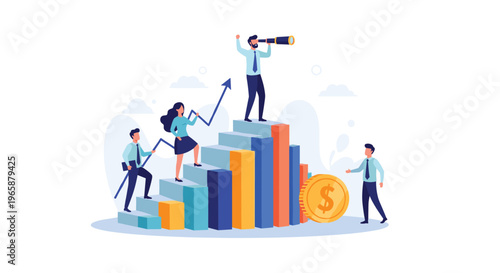Corporate leader with a telescope guides his professional team up a rising bar chart toward a large golden coin.
