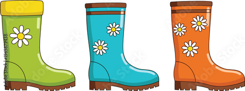 Colorful Rain Boots with Daisy Flower Patterns in Green, Blue, and Orange for Spring and Outdoor Wear Designs