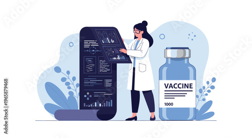 Dedicated female scientist in a white coat reviews a long data report next to a large vial of medical vaccine.