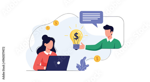 Female professional working on a laptop receives a glowing idea light bulb with a dollar symbol from her partner.