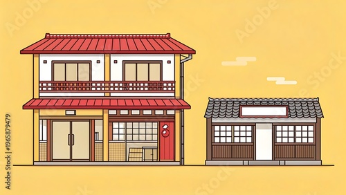 Traditional Japanese Buildings With Red Roofs And Yellow Background photo image