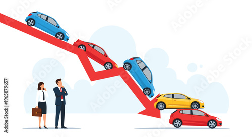 Business professionals observe a declining trend in car sales represented by a downward red arrow and falling vehicles.