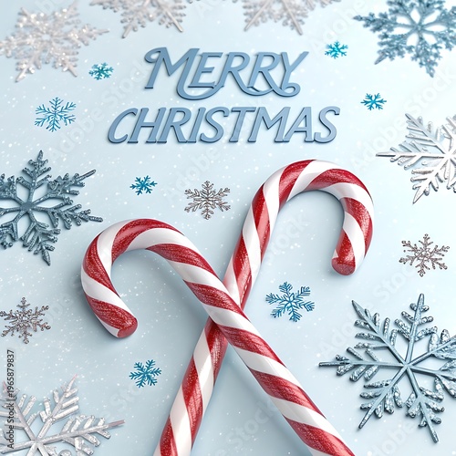 Two Merry Christmas Candy Canes with Snowflakes and Blue Background winter holiday