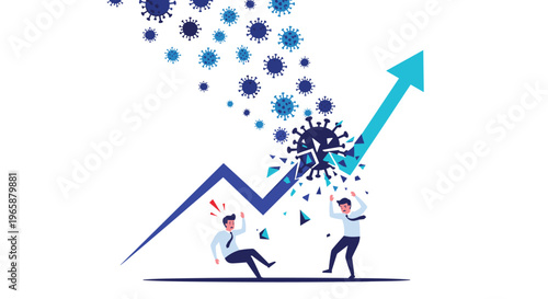 Global pandemic impact causes a sharp decline and breakage in economic growth trends as business people react in panic.