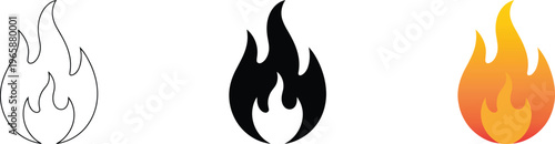 Flame fire icon set with outline silhouette and orange gradient for energy heat and power concepts