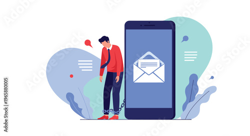 Exhausted businessman chained to a large smartphone represents the heavy burden of constant digital communication.