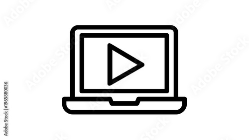 Minimalist vector icon illustration of a laptop computer with a play button on the screen, representing online education, digital learning, video tutorials, webinars, and streaming media content.
