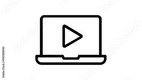 Minimalist vector icon illustration of a laptop computer with a play button on the screen, representing online learning, digital education, video tutorials, webinars, and remote study.