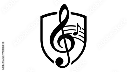 Vivid minimalist vector illustration of a music shield emblem featuring a treble clef, staff lines, and an eighth note. This flat icon is ideal for music education, academy logos, and arts branding.