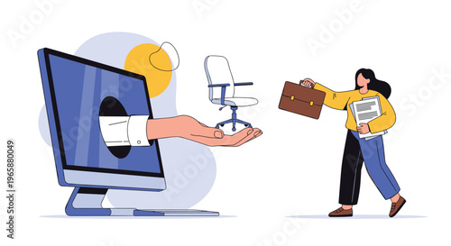 Career opportunity and new job offer are depicted by an office chair being handed out from a computer screen to a person.