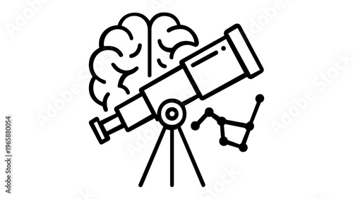Vector icon illustration of a human brain paired with a telescope and constellation, representing scientific discovery, education, learning, astronomy, psychology, and intellectual exploration.