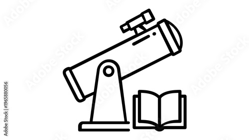 Minimalist vector icon illustration of a telescope on a tripod stand next to an open book, symbolizing astronomy education, scientific discovery, space exploration, and academic learning research.