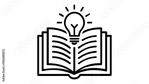 Minimalist vector icon illustration of an open book with a glowing lightbulb, symbolizing knowledge, creative ideas, education, learning, and inspiration. Scalable flat line art design for web use.