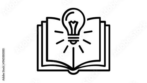 Minimalist vector icon illustration of an open book with a glowing light bulb, symbolizing creative ideas, knowledge, education, learning, and intellectual insight in a clean black line art style.