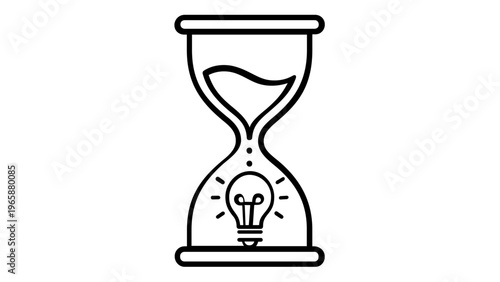 Minimalist vector icon of an hourglass with a glowing lightbulb inside, symbolizing time for innovation, creative ideas, and educational growth. Scalable flat line art illustration for web.
