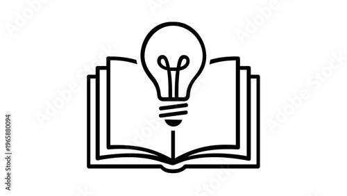 Minimalist vector icon illustration of an open book with a lightbulb, symbolizing creative ideas, knowledge, education, and learning. Flat black line art design for school and innovation.