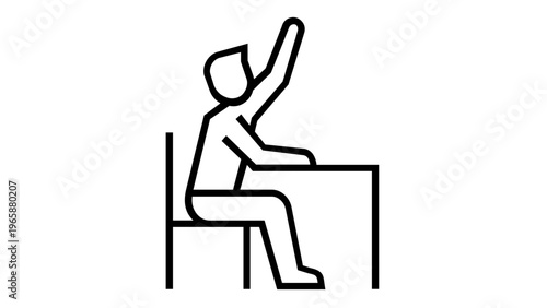 Minimalist black and white vector icon illustration of a student sitting at a desk and raising their hand to participate in a classroom lesson, symbolizing education, learning, and school.