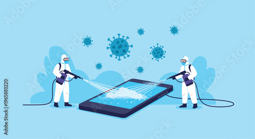Sanitization and disinfection team cleans a large smartphone screen to prevent the spread of harmful viruses and germs.