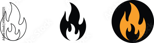 Fire flame circle icon set featuring orange hot burn symbols for branding energy and heat warnings
