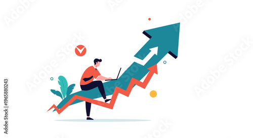 Entrepreneur works on his laptop while riding a large upward trend arrow representing financial success and business growth.