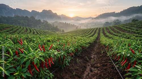 Scenic rows of ripe red chili peppers in a vast farm field at sunrise with misty mountains in the background