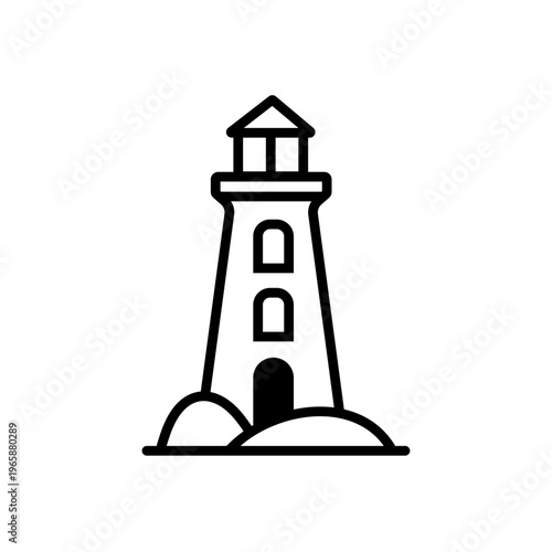 Icône vectorielle minimaliste représentant un phare breton, symbole du patrimoine maritime de la Bretagne. Illustration noir et blanc style pictogramme pour logo, tourisme et identité régionale.