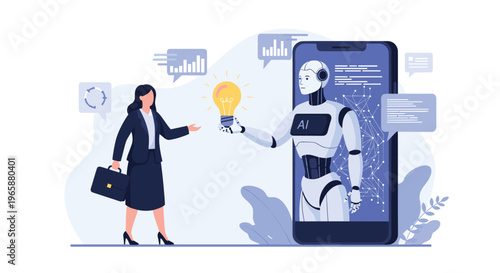 Robotic arm hands a glowing lightbulb to a businesswoman from a smartphone representing innovation and digital ideas.