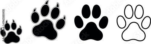 Four animal paw prints in a row including a silhouette showcasing different sizes and styles of footprints
