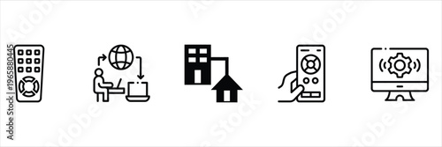 Remote work and smart home control icon set, 5 black line vector elements for telecommuting and digital management, home office technology symbols