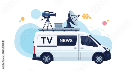 Mobile television news broadcasting van equipped with a satellite dish and professional video camera for live reporting.