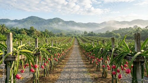 Vibrant tropical dragon fruit plantation with rows of ripening pitahaya plants under a misty mountain range, showcasing exotic fruit cultivation and natural beauty