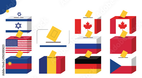International election voting boxes featuring flags of various nations represent global democratic processes and politics.