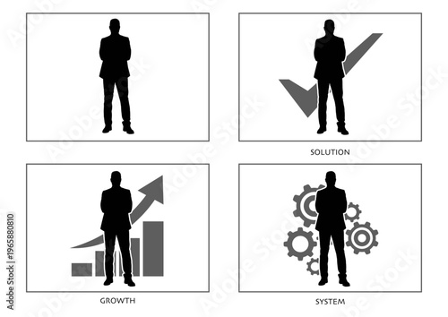 ビジネスマンシルエット 腕を組むポーズとチェックマーク・矢印グラフ・歯車のセット 解決・成長・仕組み化のコンセプト
