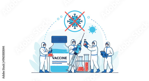 Team of medical researchers works with a large vaccine bottle and syringe to stop the spread of a harmful virus.