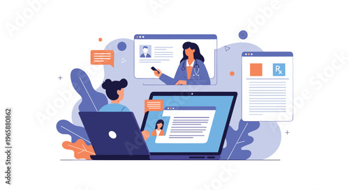 Telemedicine and online medical consultation are shown through a video conference with a doctor and digital prescription.