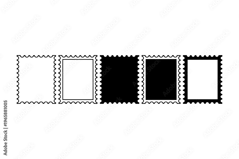 Fototapeta premium Vintage postage stamp frames set, 5 blank perforated mail borders, black and white philately vector elements for scrapbooking and postal design