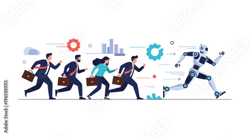 Group of business professionals runs behind a fast robot representing the competition between human labor and AI.