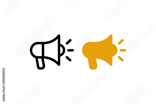Minimalist megaphone icon set, black outline and solid yellow bullhorn vector, marketing announcement and digital advertising symbols