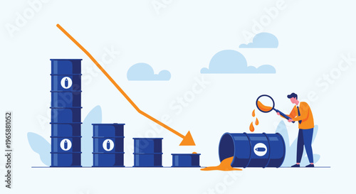 Businessman uses a magnifying glass to inspect spilled oil from a barrel during a period of declining fuel prices.