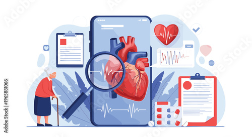 Digital cardiology concept features a giant smartphone displaying a human heart with EKG data for elderly patient care.
