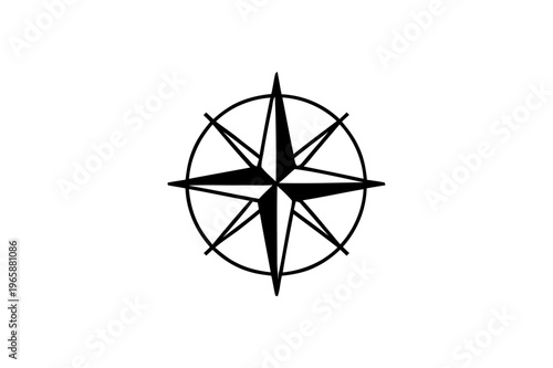 Minimalist compass rose vector icon, black wind rose nautical symbol, geometric navigation star for travel maps and maritime branding