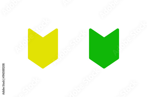Japanese beginner driver mark icons, yellow and green shoshinsha wakaba leaf symbols, flat vector safety signs for new motorists and learners