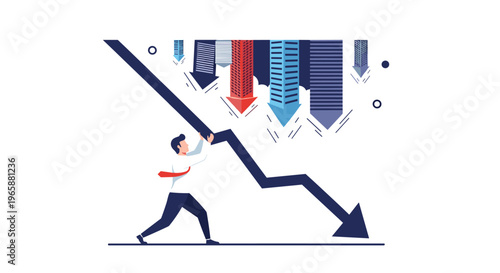 Determined businessman trying to stop a falling economic graph representing financial crisis management and stock market volatility.