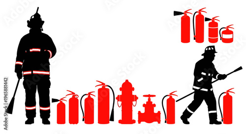 Firefighters and various fire extinguishers and hydrants firefighter extinguisher hydrant safety equipment emergency rescue flame